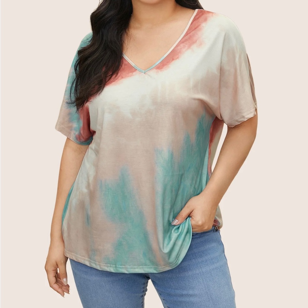 Tie Dye Drop Shoulder V Neck T-Shirt